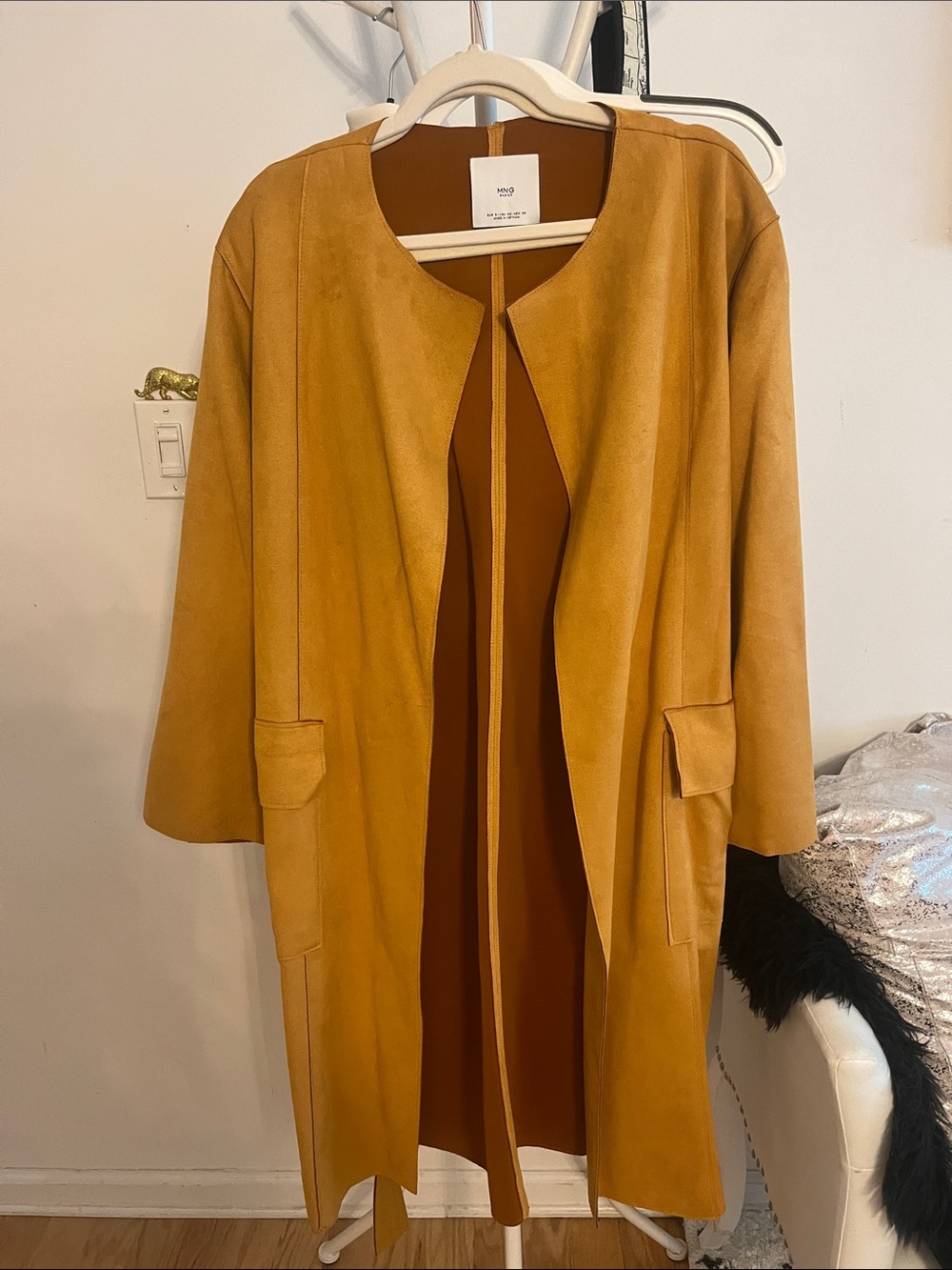Mango Mustard Open-Front Collarless Trench Coat